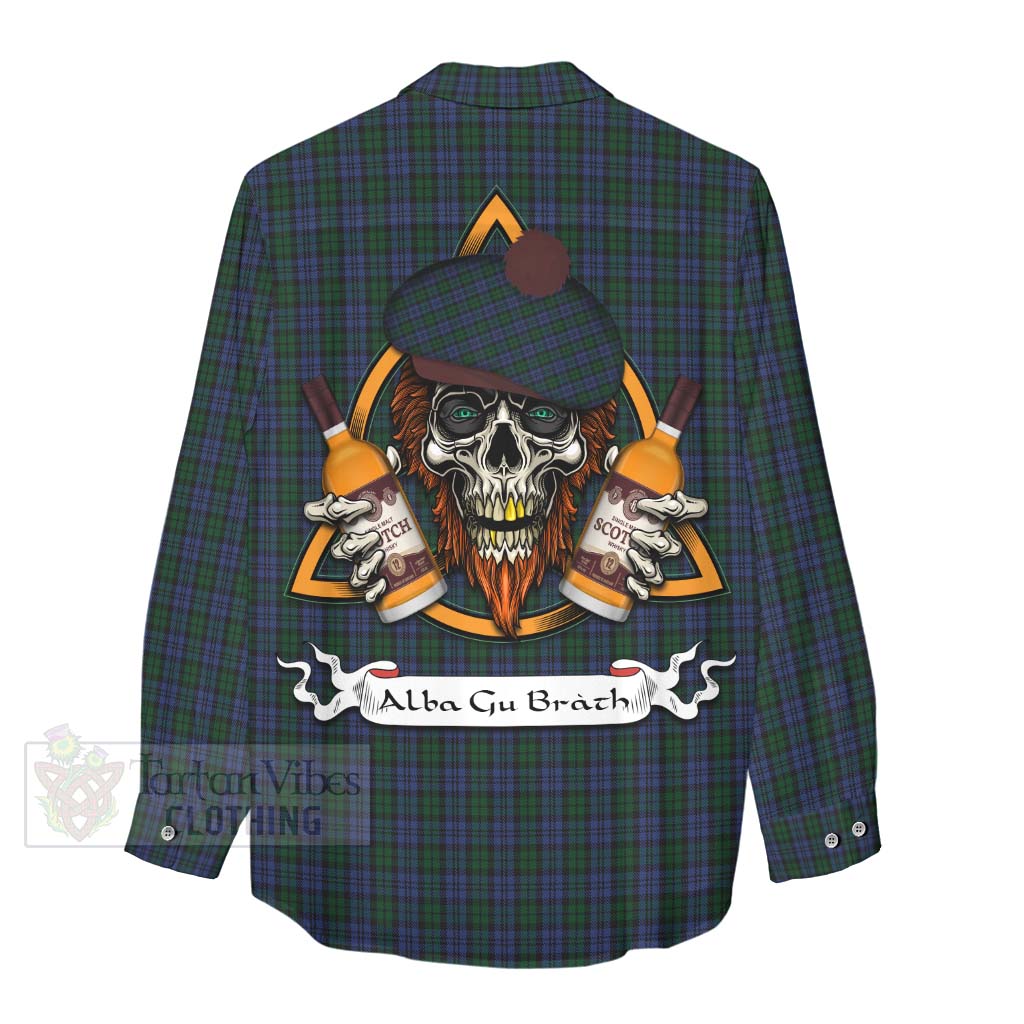 Tartan Vibes Clothing Sutherland Tartan Women's Casual Shirt with Family Crest and Bearded Skull Holding Bottles of Whiskey