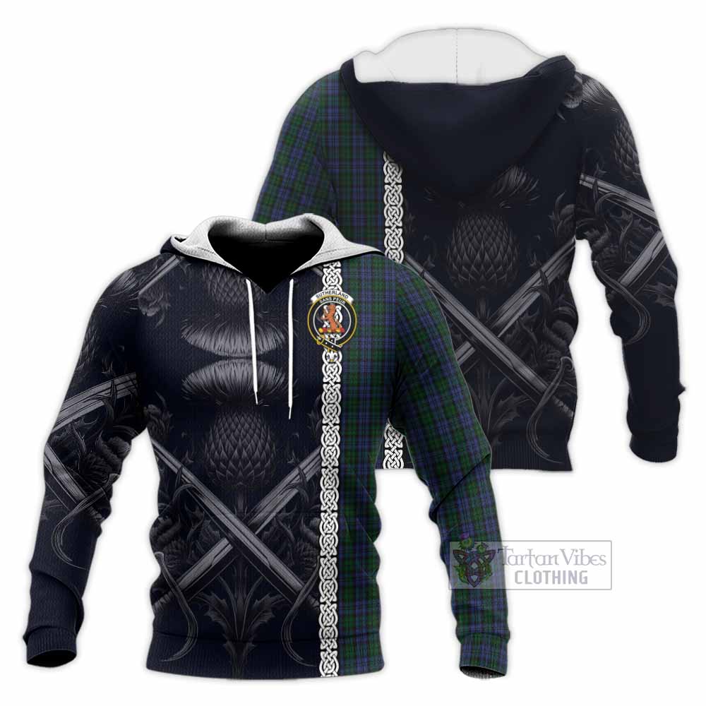 Tartan Vibes Clothing Sutherland Tartan Knitted Hoodie with Family Crest Cross Sword Thistle Celtic Vibes