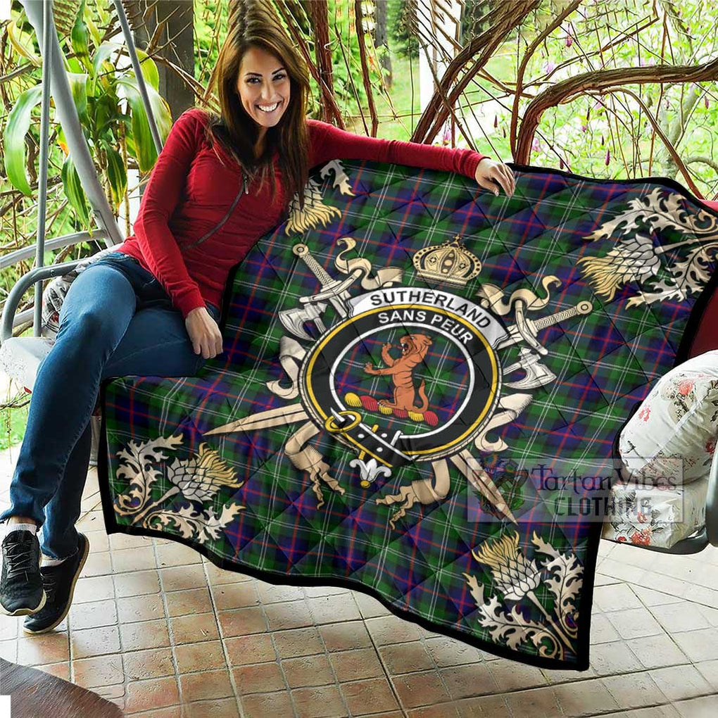 Tartan Vibes Clothing Sutherland Tartan Quilt with Family Crest and Scottish Golden Courage Shield