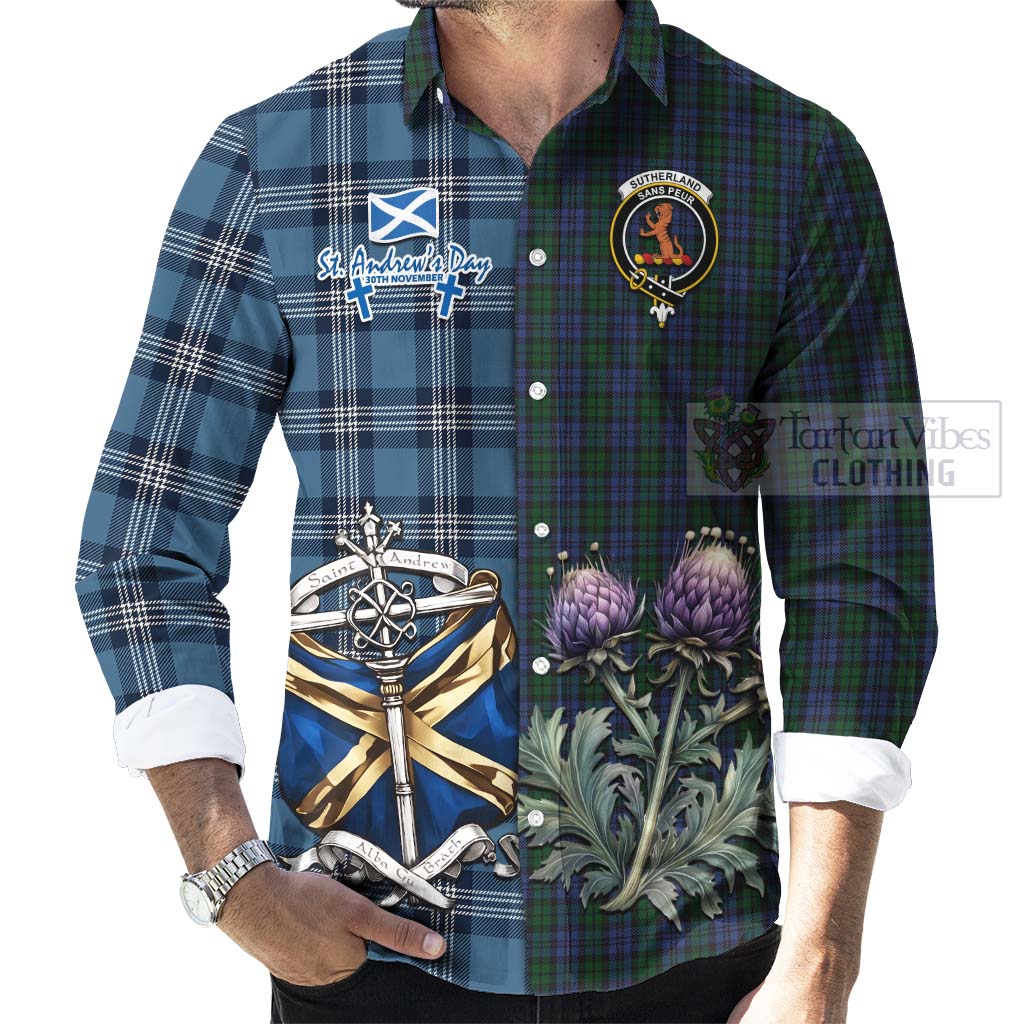 Tartan Vibes Clothing Sutherland Tartan Long Sleeve Button Shirt Happy St. Andrew's Day Half Tartan Style