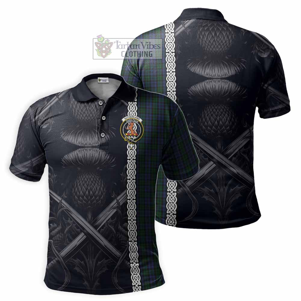 Tartan Vibes Clothing Sutherland Tartan Polo Shirt with Family Crest Cross Sword Thistle Celtic Vibes