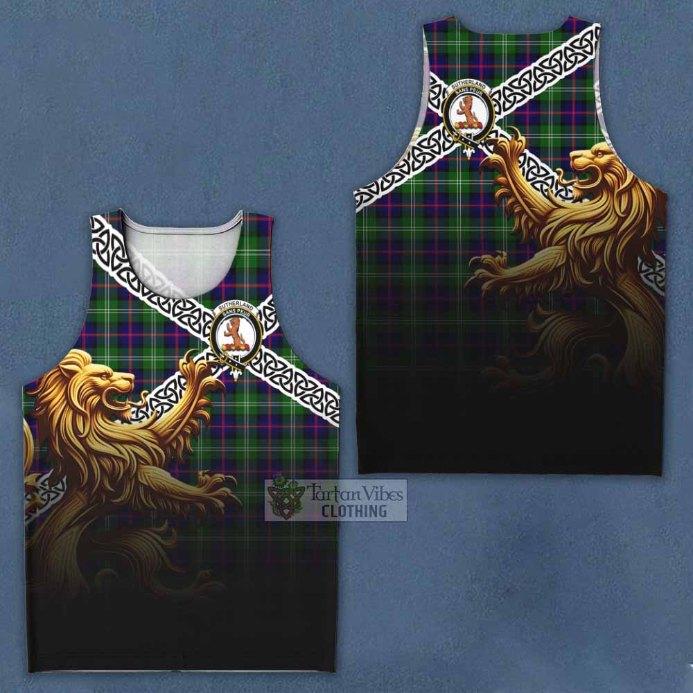 Sutherland Crest Tartan Men's Tank Top with Golden Lion Emblem Celtic Style - Tartan Vibes Clothing