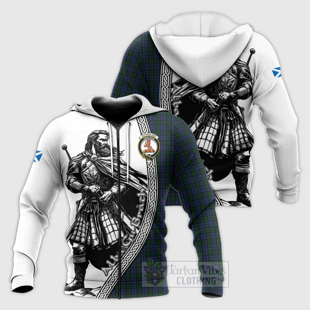 Tartan Vibes Clothing Sutherland Tartan Clan Crest Knitted Hoodie with Highlander Warrior Celtic Style