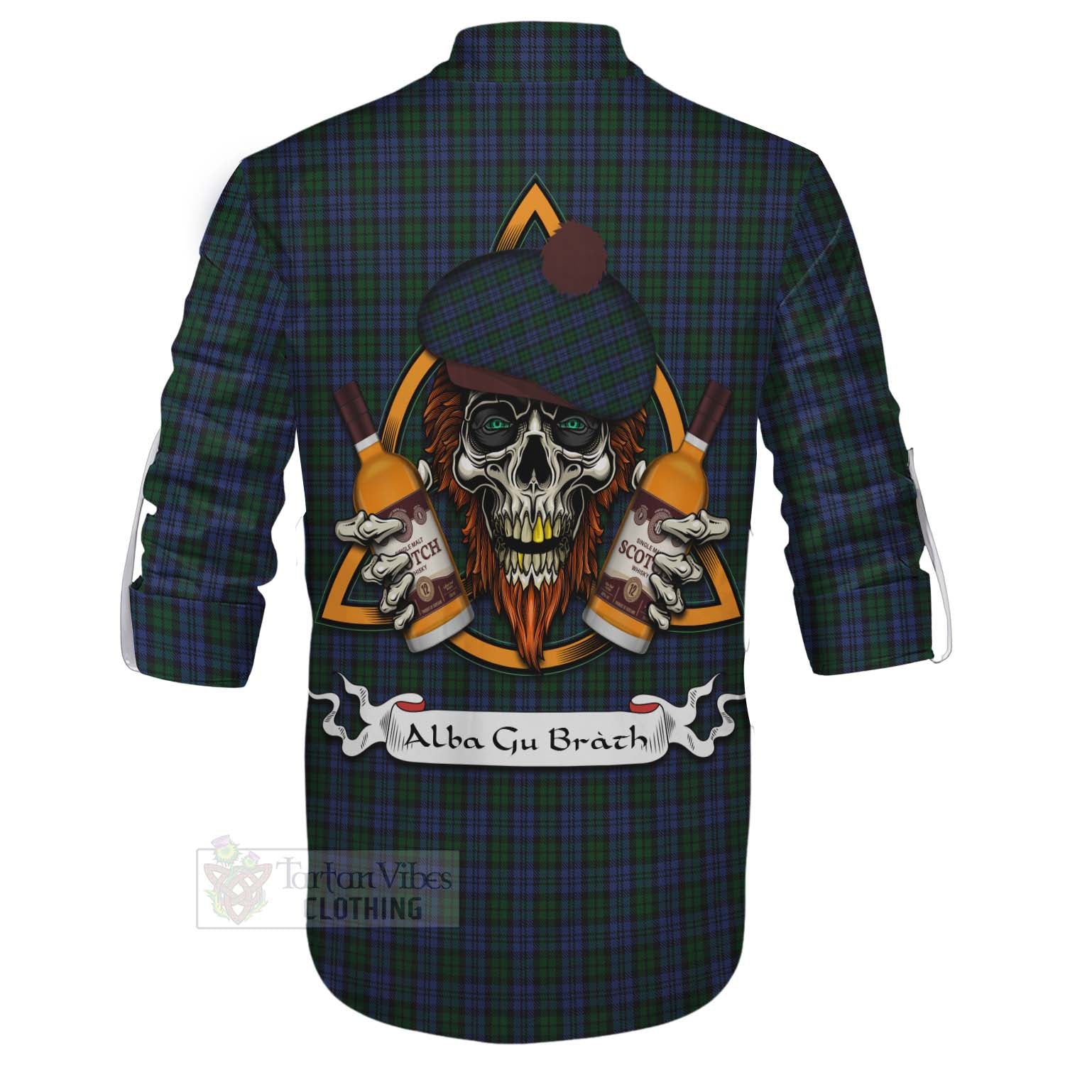 Tartan Vibes Clothing Sutherland Tartan Ghillie Kilt Shirt with Family Crest and Bearded Skull Holding Bottles of Whiskey