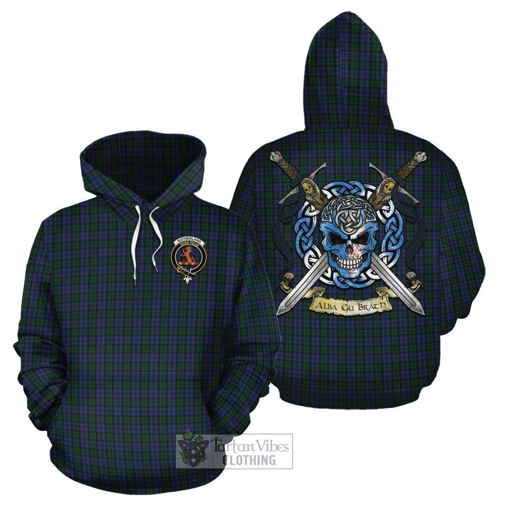 Tartan Vibes Clothing Sutherland Tartan Cotton Hoodie with Family Crest Celtic Skull Style