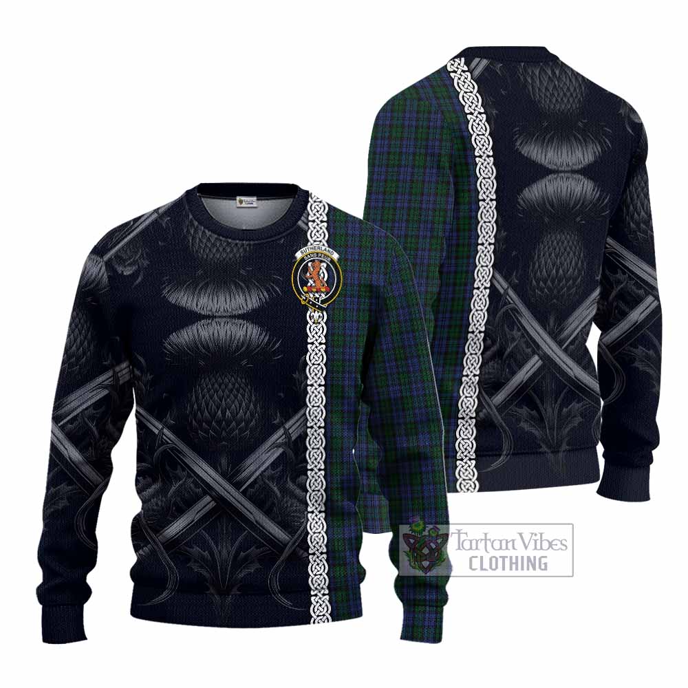Sutherland Tartan Knitted Sweater with Family Crest Cross Sword Thistle Celtic Vibes - Tartan Vibes Clothing
