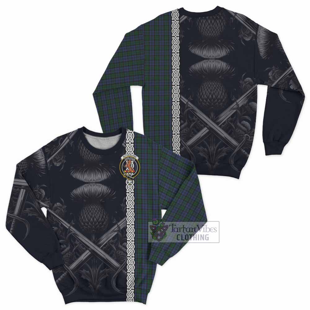 Tartan Vibes Clothing Sutherland Tartan Sweatshirt with Family Crest Cross Sword Thistle Celtic Vibes