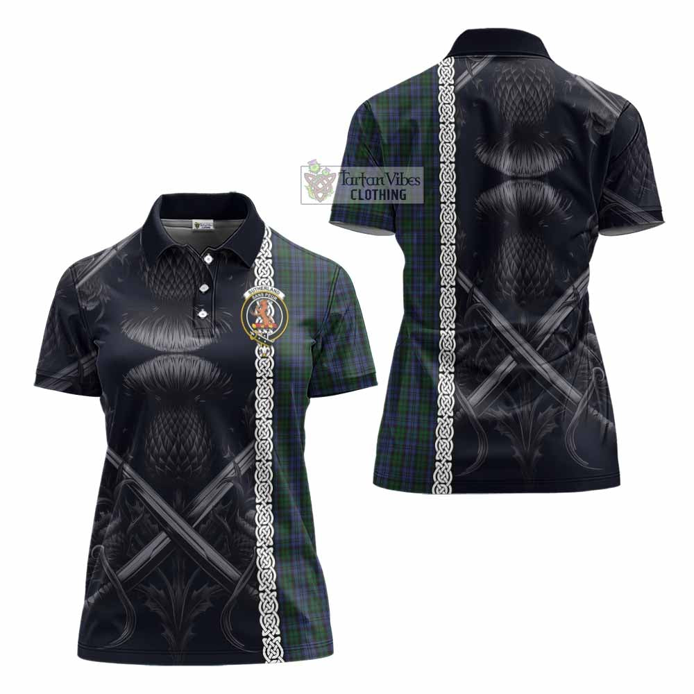 Tartan Vibes Clothing Sutherland Tartan Women's Polo Shirt with Family Crest Cross Sword Thistle Celtic Vibes