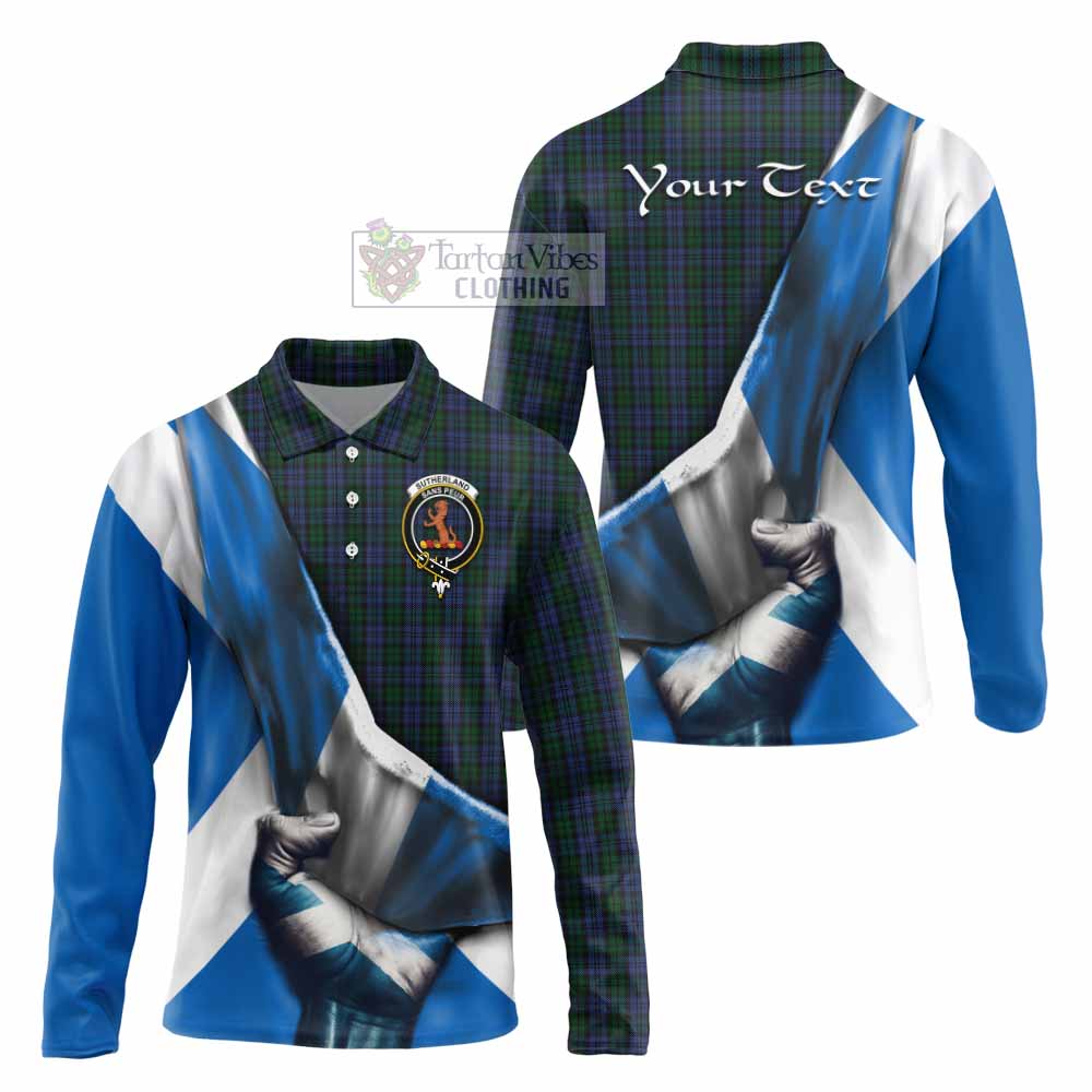 Tartan Vibes Clothing Sutherland Tartan Long Sleeve Polo Shirt with Family Crest Scotland Patriotic Style