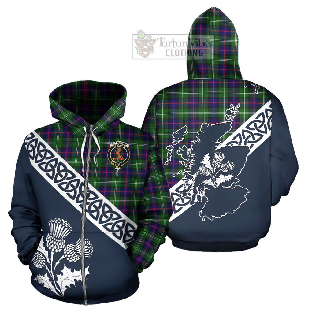 Sutherland Tartan Hoodie Featuring Thistle and Scotland Map - Tartan Vibes Clothing