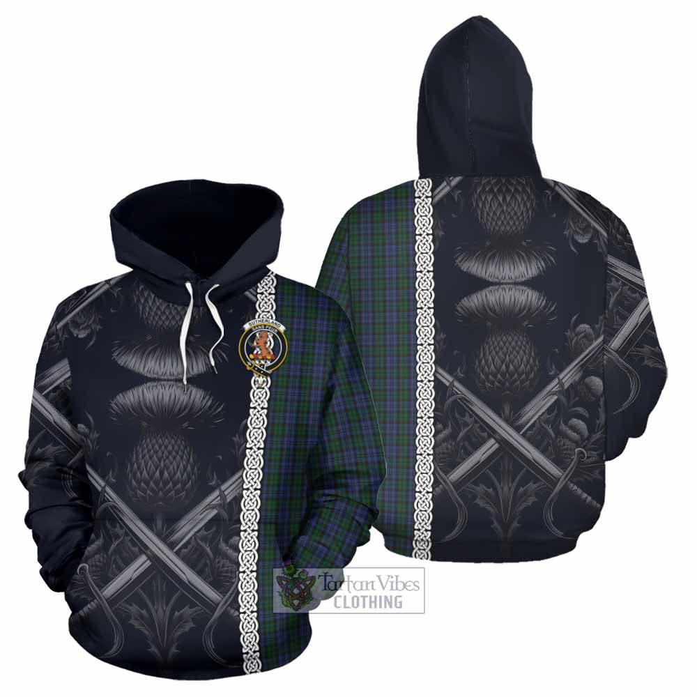 Tartan Vibes Clothing Sutherland Tartan Hoodie with Family Crest Cross Sword Thistle Celtic Vibes