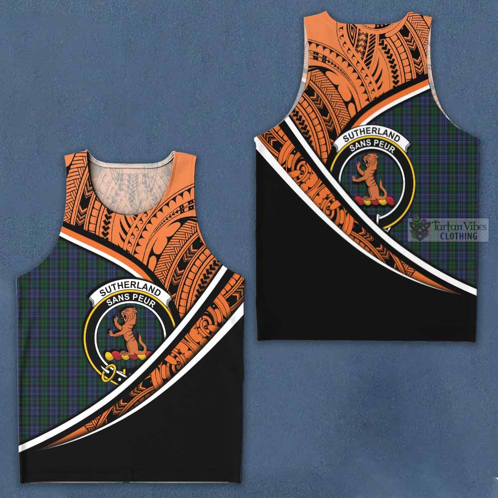 Tartan Vibes Clothing Sutherland Crest Tartan Men's Tank Top with Maori Tattoo Style - Orange Version