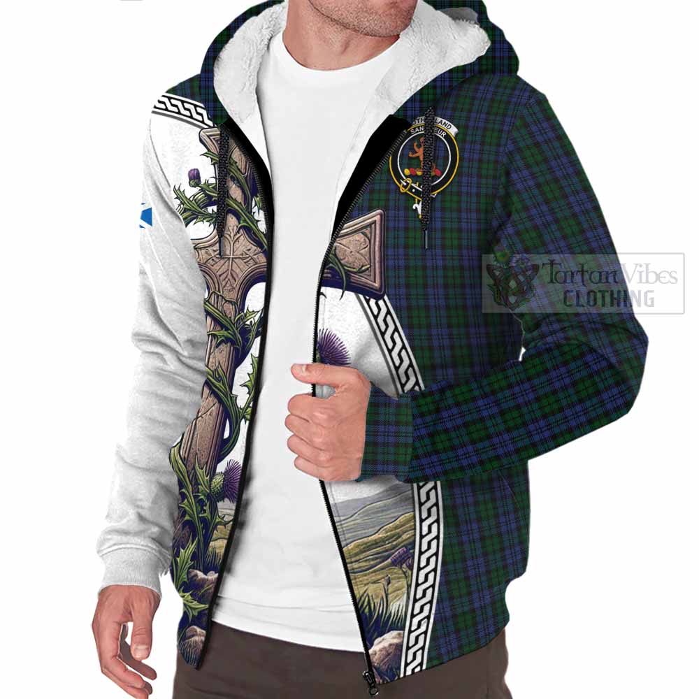 Tartan Vibes Clothing Sutherland Tartan Sherpa Hoodie with Family Crest and St. Andrew's Cross Accented by Thistle Vines