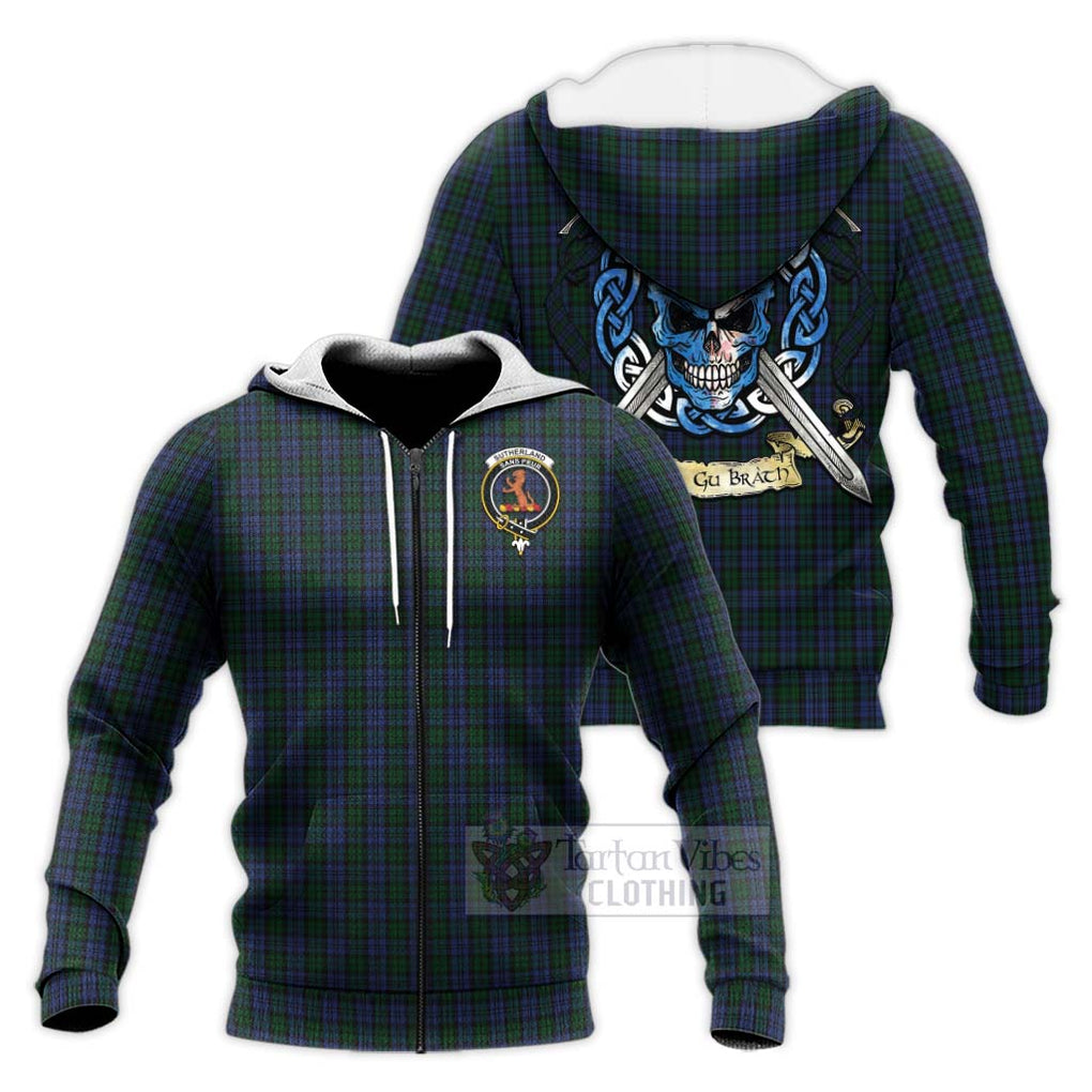 Tartan Vibes Clothing Sutherland Tartan Knitted Hoodie with Family Crest Celtic Skull Style