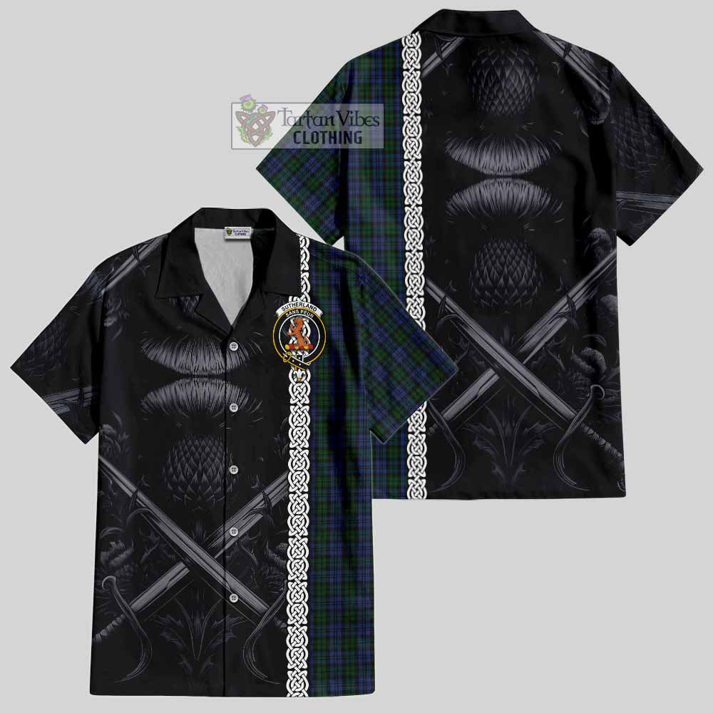 Tartan Vibes Clothing Sutherland Tartan Short Sleeve Button Shirt with Family Crest Cross Sword Thistle Celtic Vibes