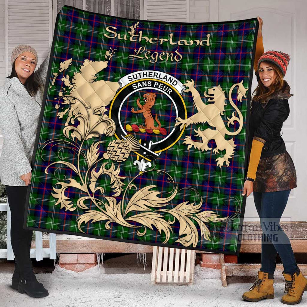 Tartan Vibes Clothing Sutherland Tartan Quilt with Family Crest and Scottish Symbol Style