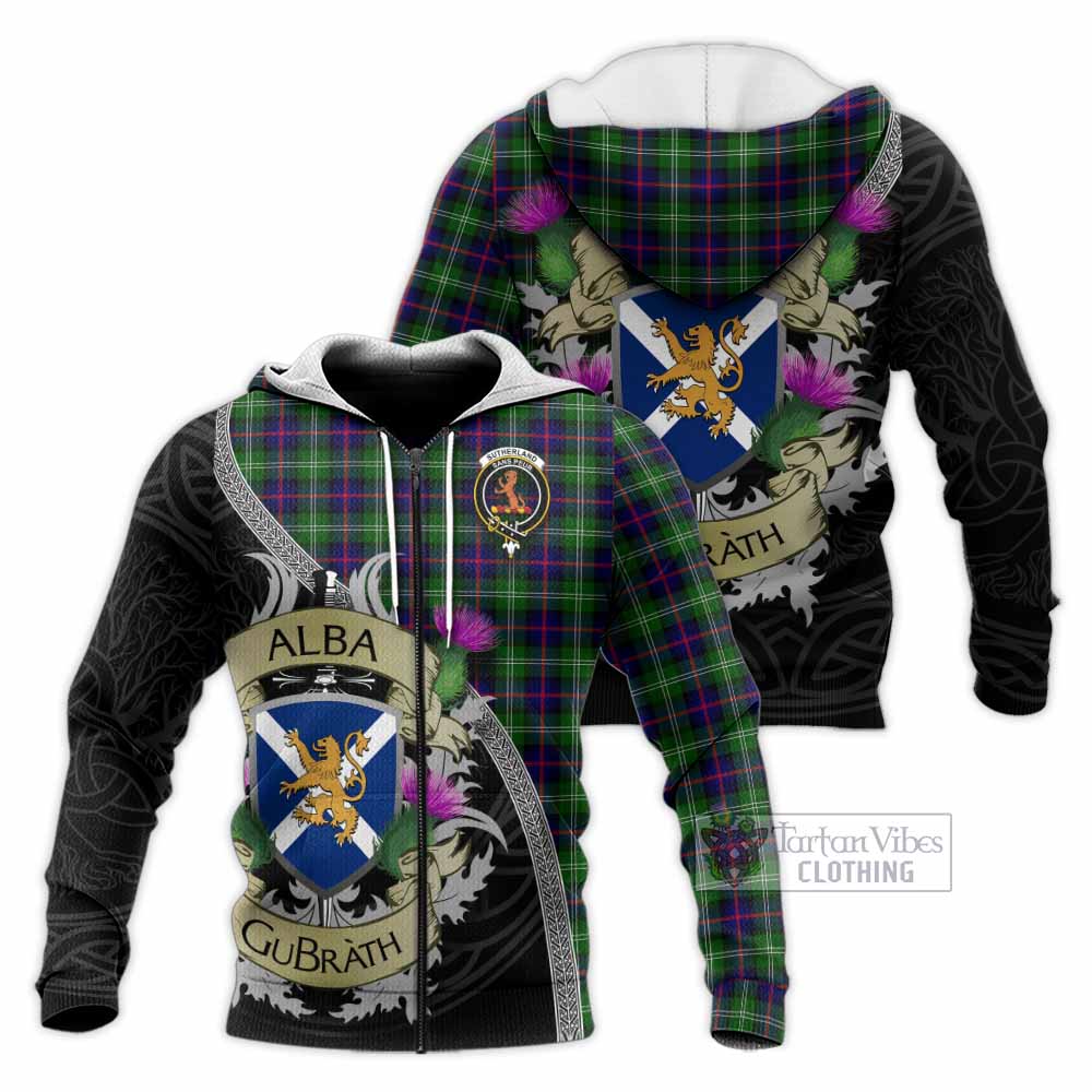 Sutherland Tartan Family Crest Knitted Hoodie Lion Rampant Royal Thistle Shield Celtic Inspired Unisex Knitted Zip Hoodie - Tartan Vibes Clothing