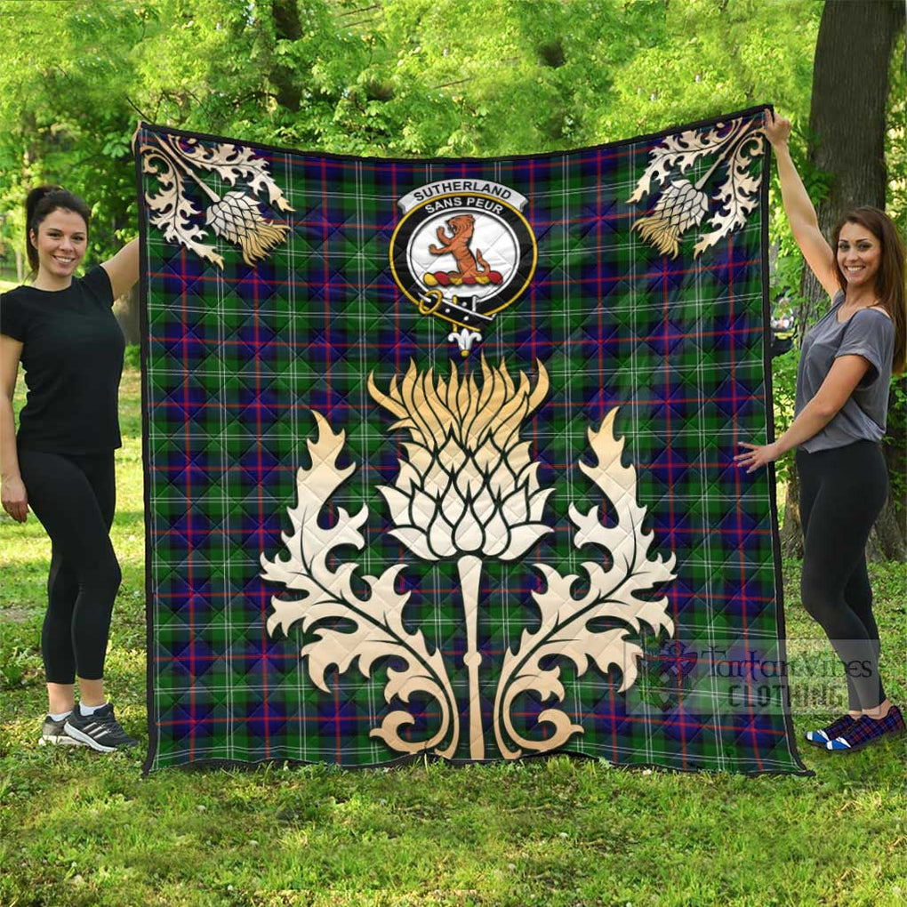 Tartan Vibes Clothing Sutherland Tartan Quilt with Family Crest and Golden Thistle Style