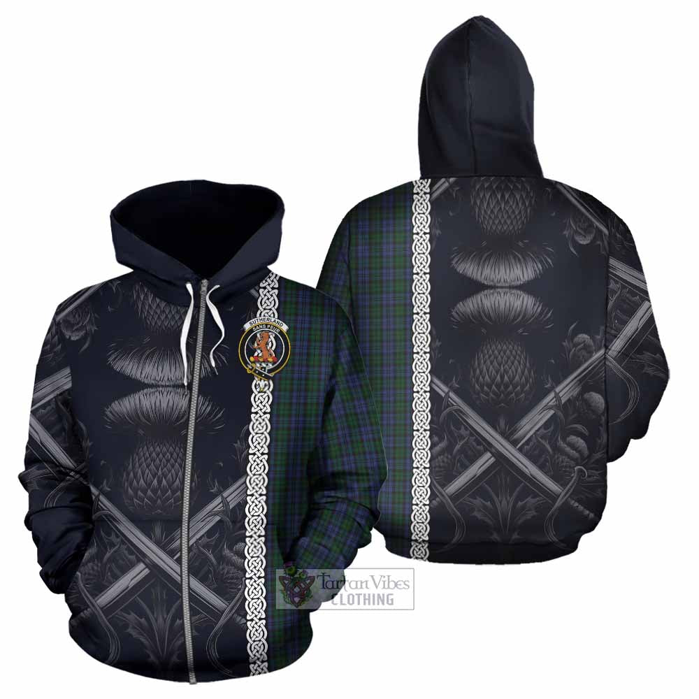 Tartan Vibes Clothing Sutherland Tartan Hoodie with Family Crest Cross Sword Thistle Celtic Vibes