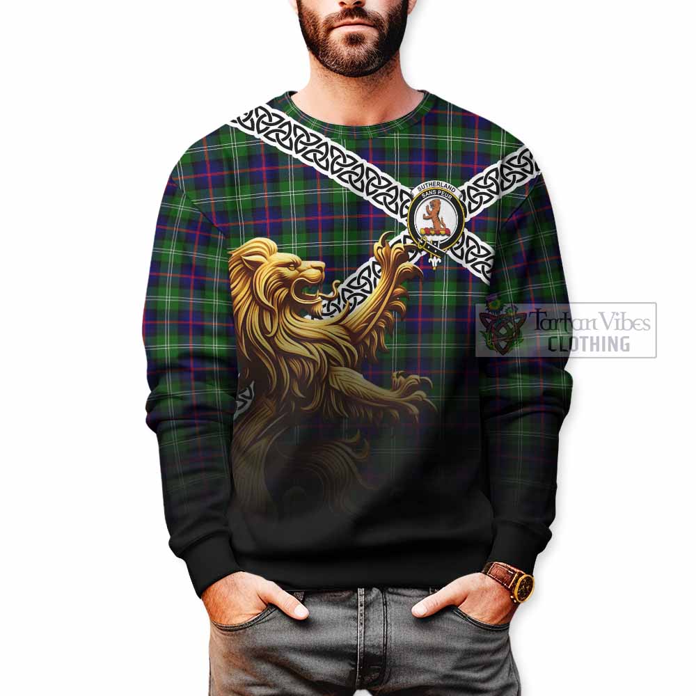 Sutherland Crest Tartan Sweatshirt with Golden Lion Emblem Celtic Style - Tartan Vibes Clothing