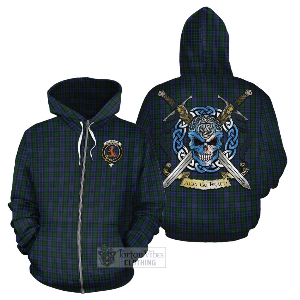 Tartan Vibes Clothing Sutherland Tartan Cotton Hoodie with Family Crest Celtic Skull Style