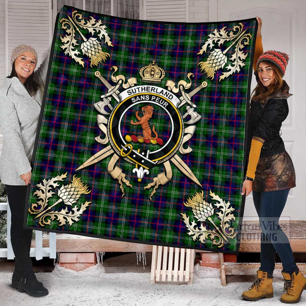 Tartan Vibes Clothing Sutherland Tartan Quilt with Family Crest and Scottish Golden Courage Shield