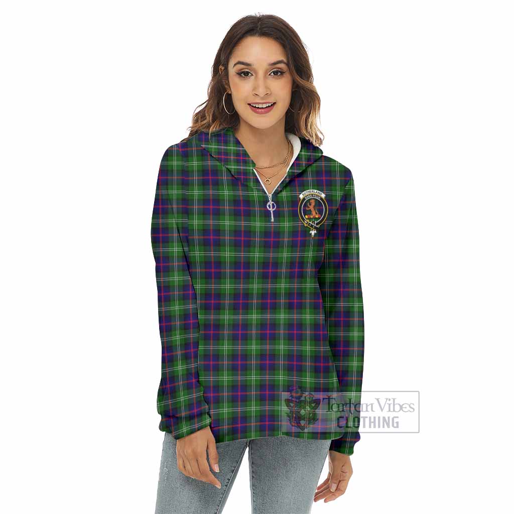 Tartan Vibes Clothing Sutherland Tartan Crest Women's Borg  Half Zip Fleece Hoodie