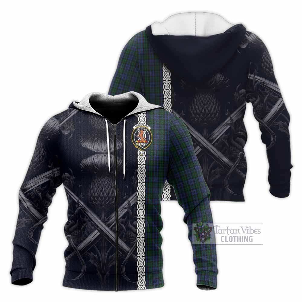 Tartan Vibes Clothing Sutherland Tartan Knitted Hoodie with Family Crest Cross Sword Thistle Celtic Vibes