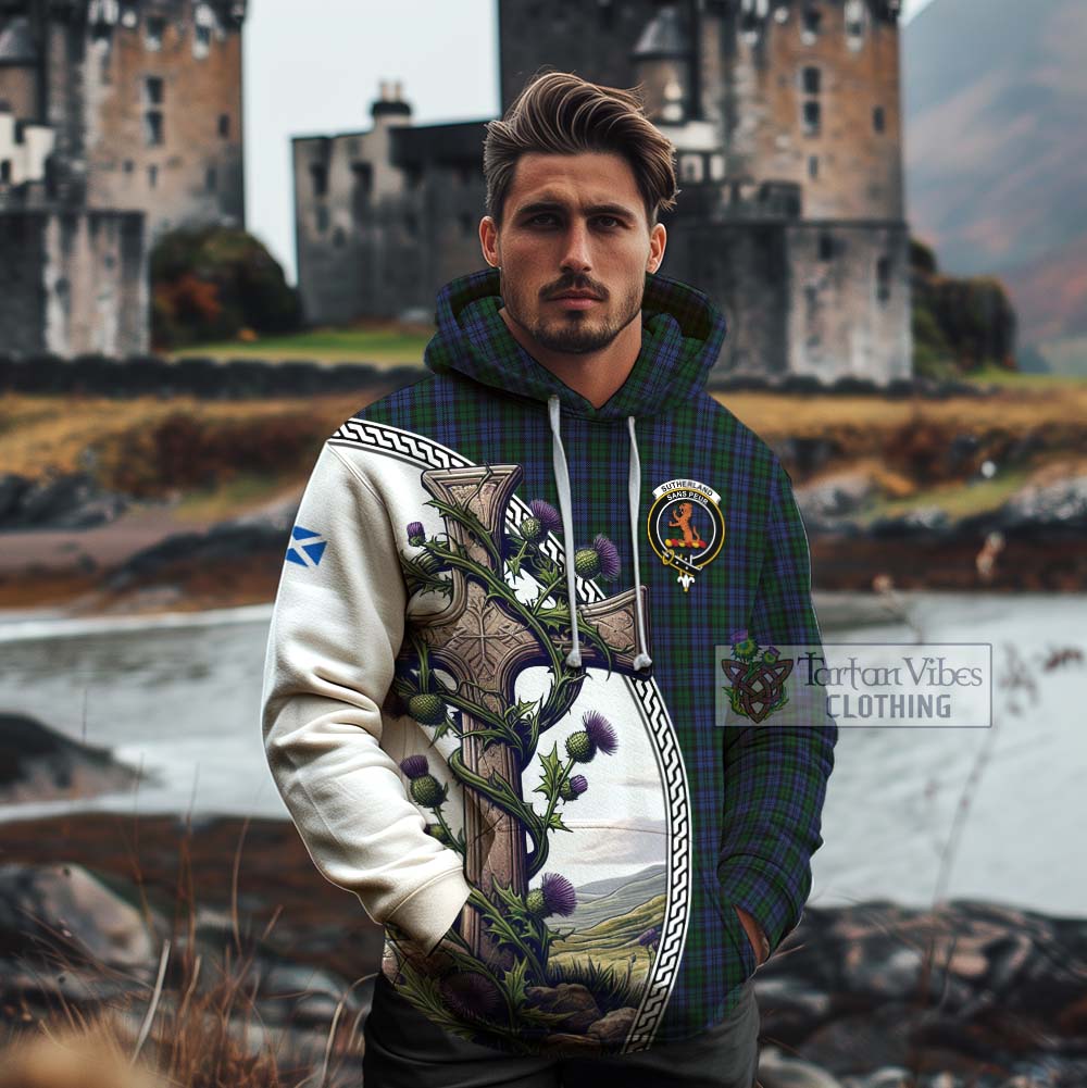 Tartan Vibes Clothing Sutherland Tartan Cotton Hoodie with Family Crest and St. Andrew's Cross Accented by Thistle Vines