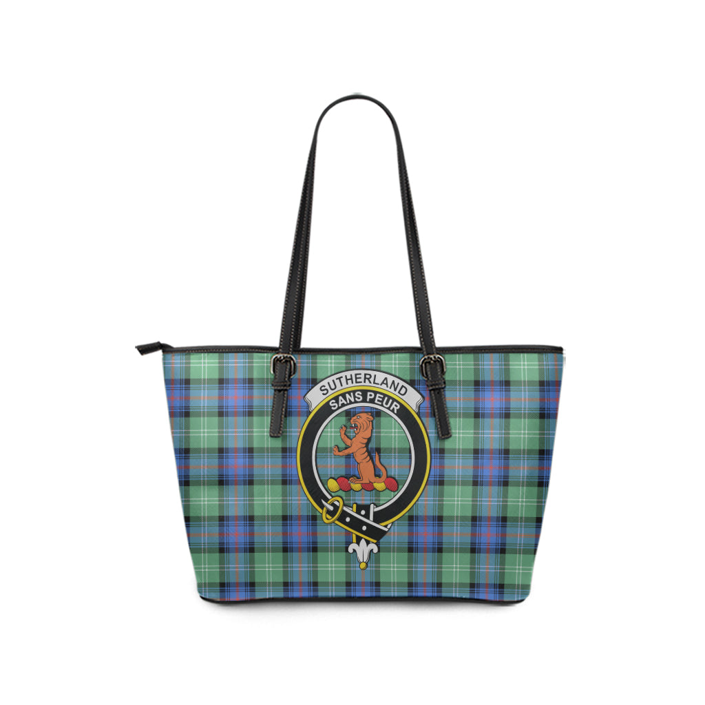 Sutherland Ancient Tartan Leather Tote Bag with Family Crest - Tartan Vibes Clothing