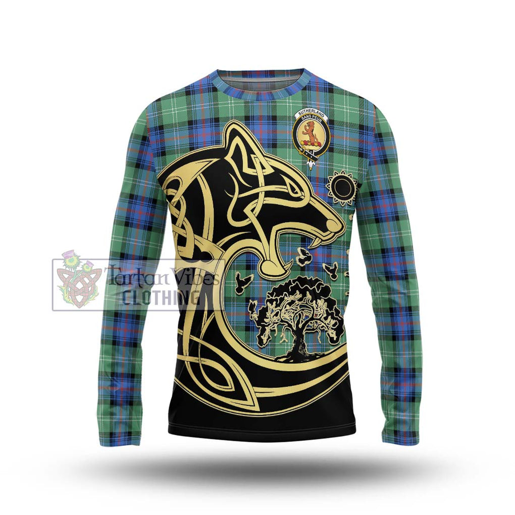 Sutherland Ancient Tartan Long Sleeve T-Shirt with Family Crest Celtic Wolf Style Unisex - Tartan Vibes Clothing