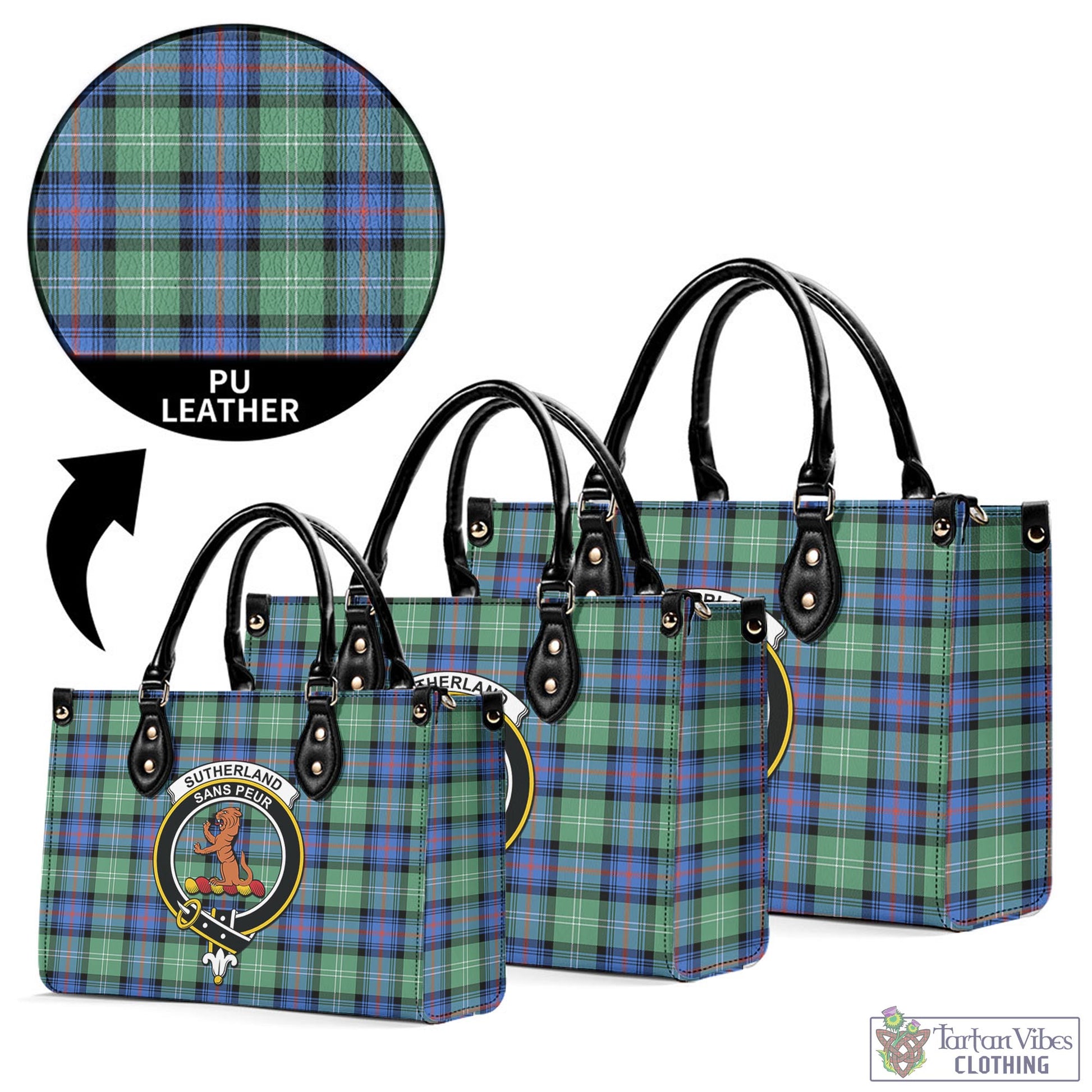 Tartan Vibes Clothing Sutherland Ancient Tartan Luxury Leather Handbags with Family Crest