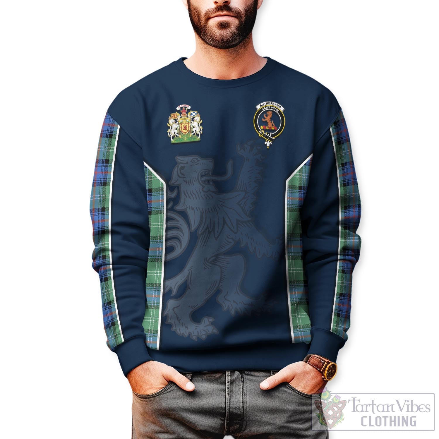 Tartan Vibes Clothing Sutherland Ancient Tartan Sweater with Family Crest and Lion Rampant Vibes Sport Style