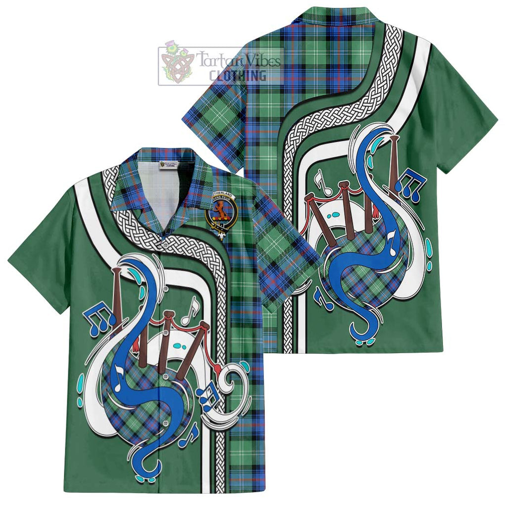 Sutherland Ancient Tartan Short Sleeve Button Shirt with Epic Bagpipe Style Kid - Tartanvibesclothing Shop