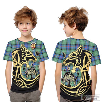 Sutherland Ancient Tartan Kid T-Shirt with Family Crest Celtic Wolf Style