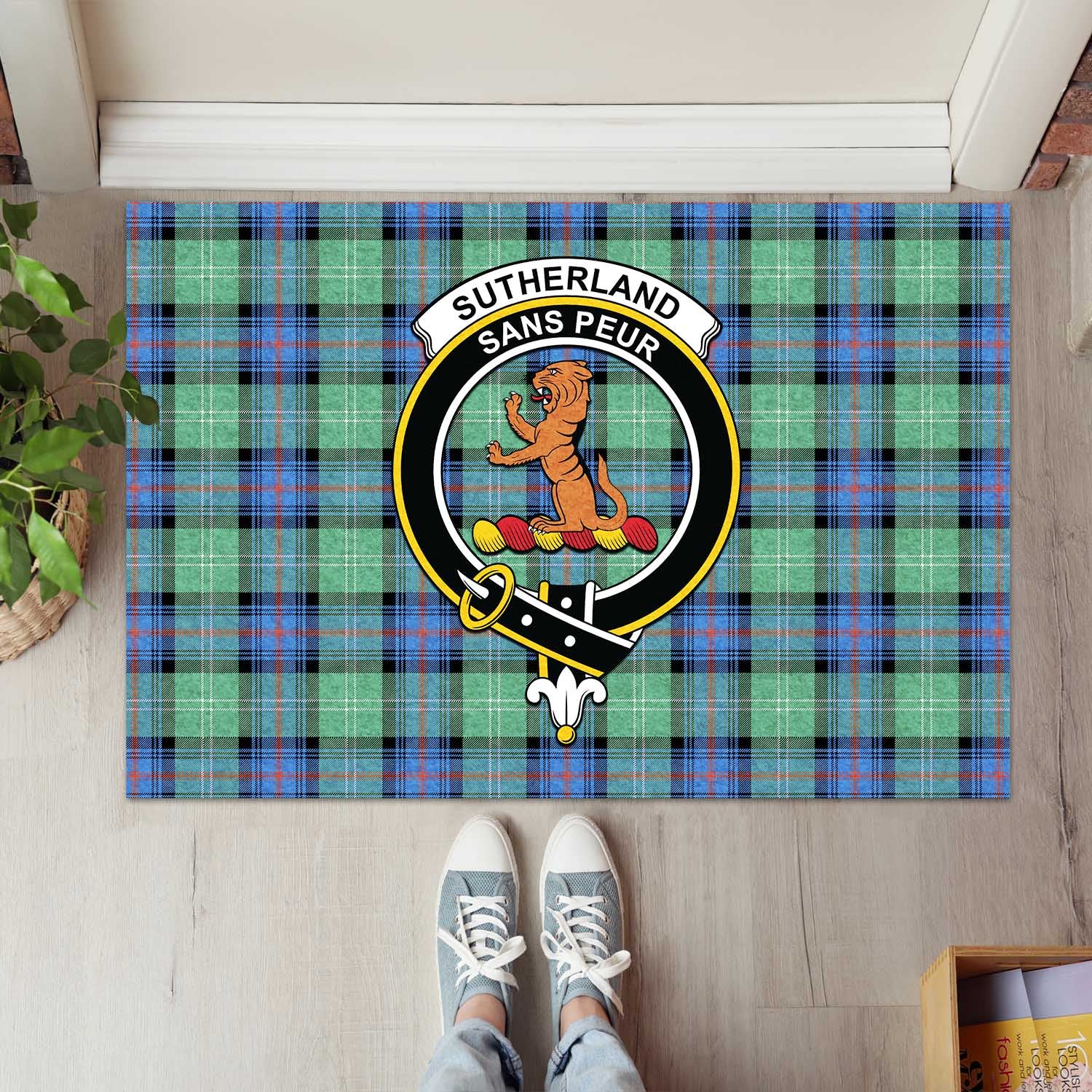 Sutherland Ancient Tartan Door Mat with Family Crest - Tartanvibesclothing Shop