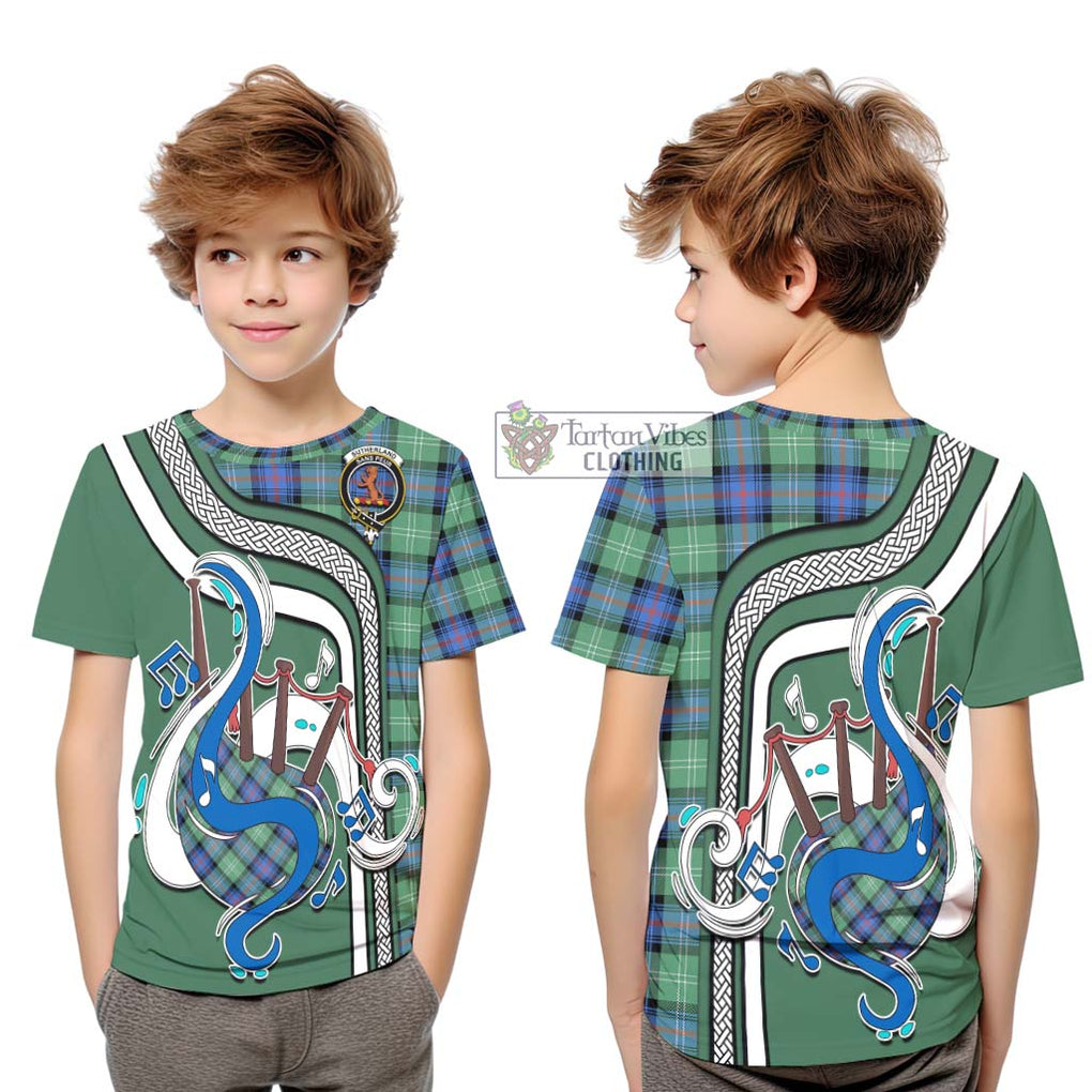 Tartan Vibes Clothing Sutherland Ancient Tartan Kid T-Shirt with Epic Bagpipe Style