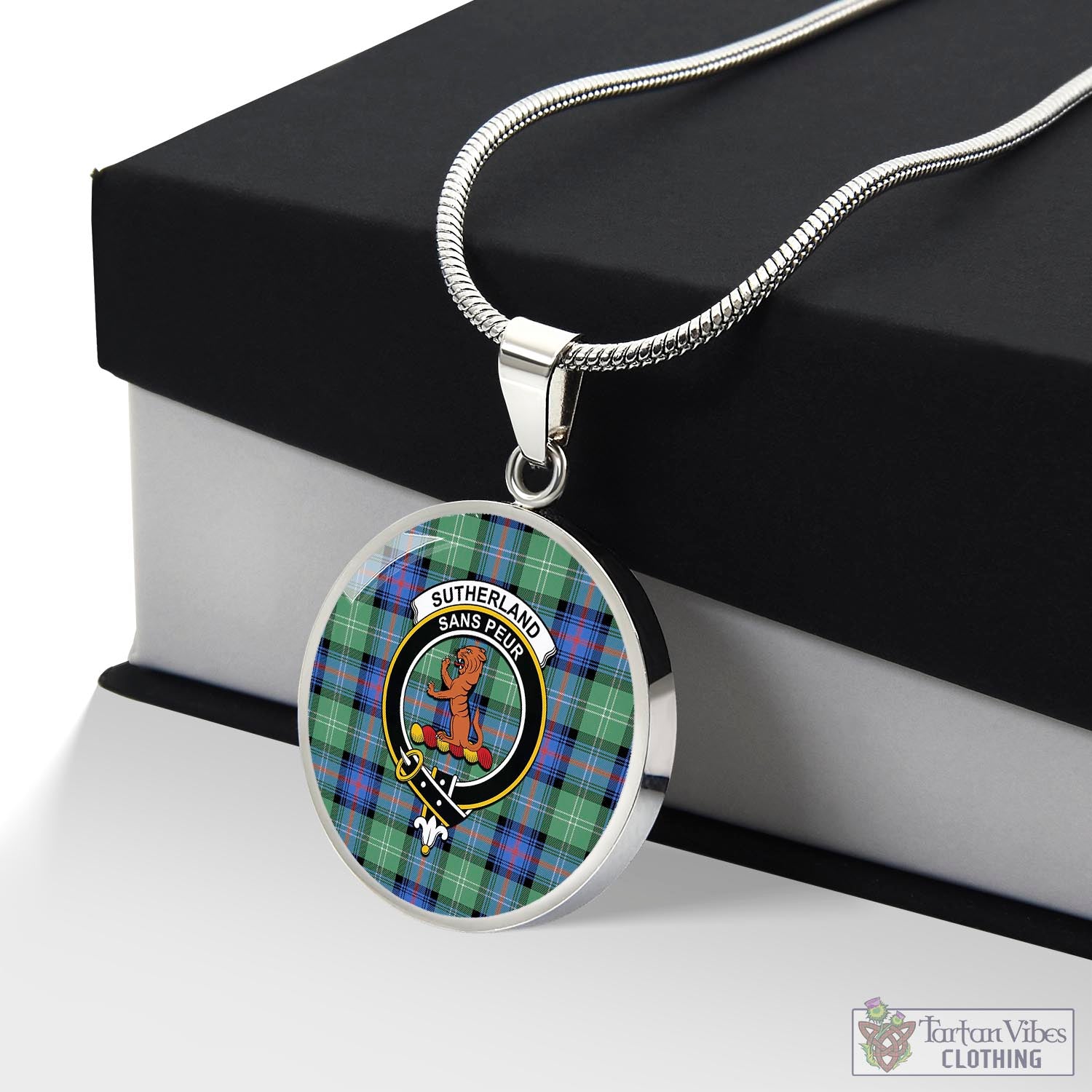 Tartan Vibes Clothing Sutherland Ancient Tartan Circle Necklace with Family Crest