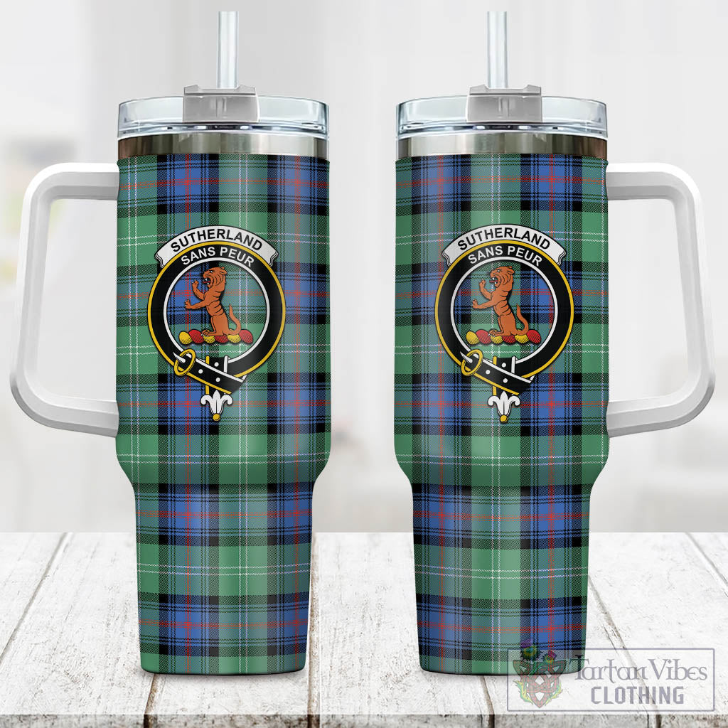 Tartan Vibes Clothing Sutherland Ancient Tartan and Family Crest Tumbler with Handle