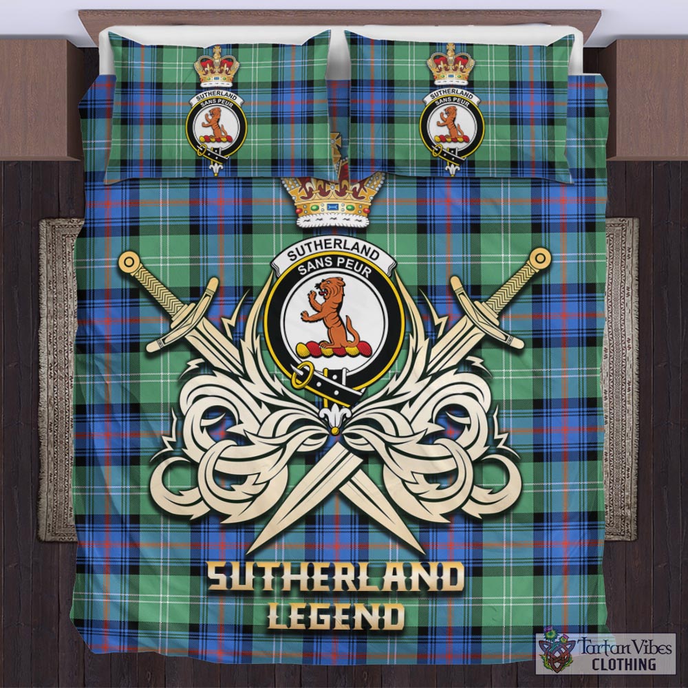 Tartan Vibes Clothing Sutherland Ancient Tartan Bedding Set with Clan Crest and the Golden Sword of Courageous Legacy