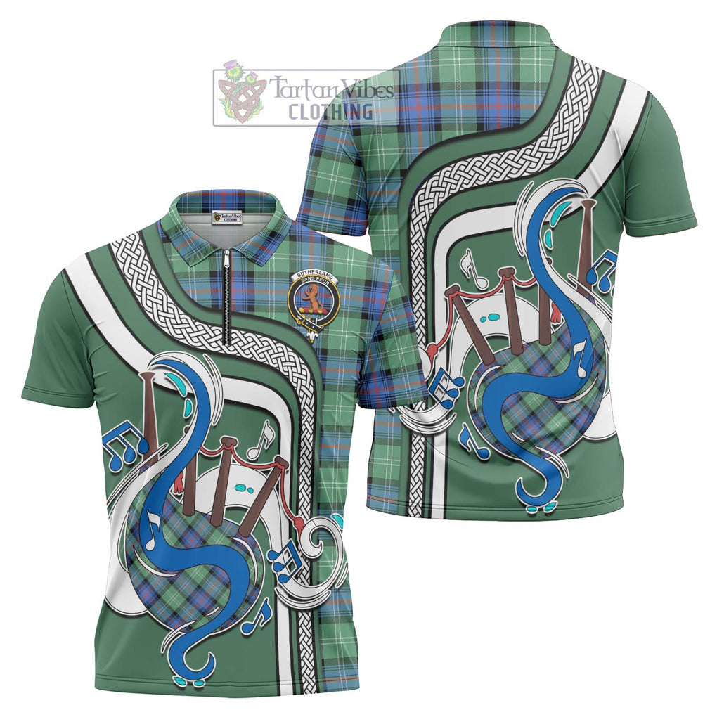 Sutherland Ancient Tartan Zipper Polo Shirt with Epic Bagpipe Style Unisex - Tartanvibesclothing Shop