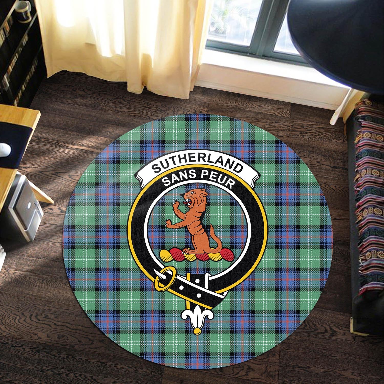 sutherland-ancient-tartan-round-rug-with-family-crest