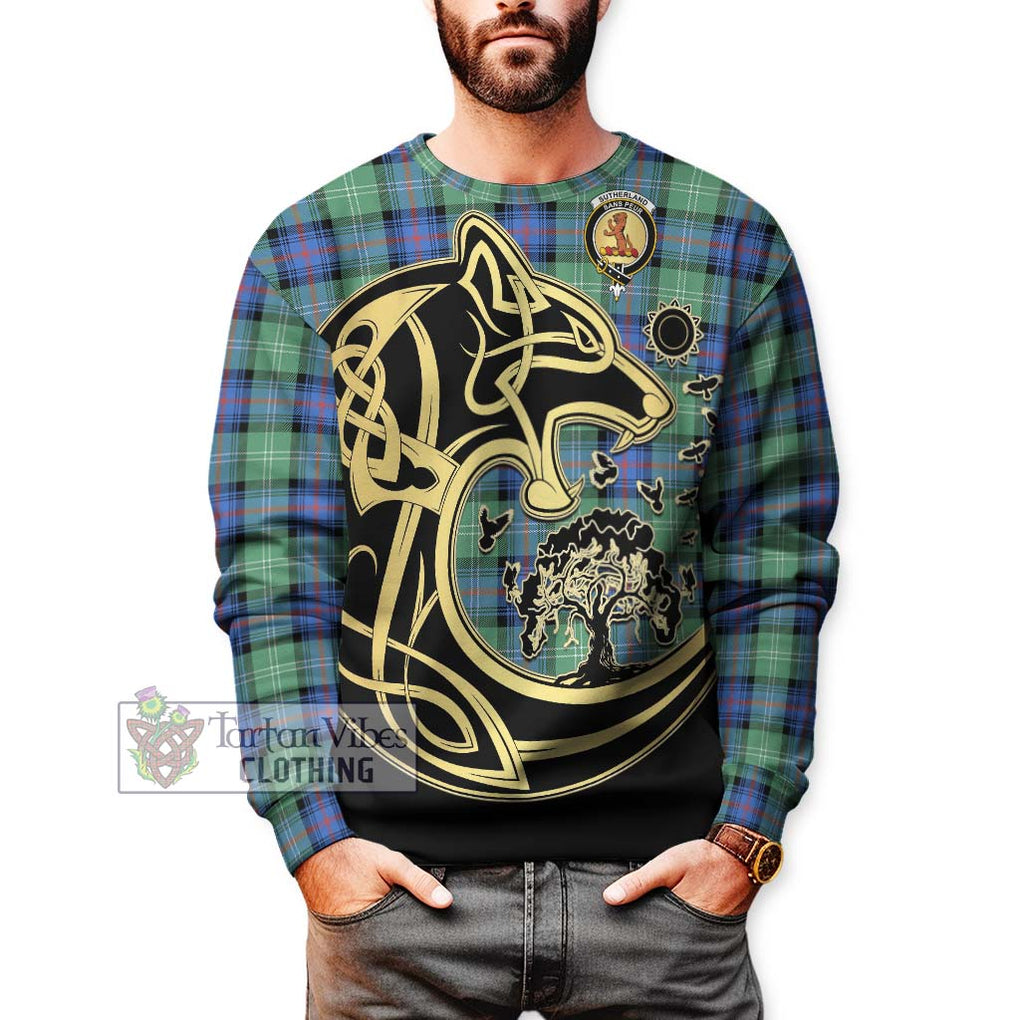 Sutherland Ancient Tartan Sweatshirt with Family Crest Celtic Wolf Style Unisex - Tartan Vibes Clothing