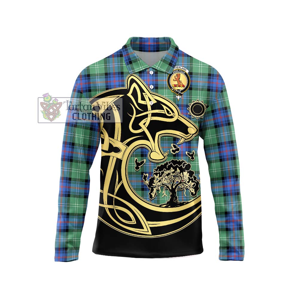 Sutherland Ancient Tartan Long Sleeve Polo Shirt with Family Crest Celtic Wolf Style Unisex - Tartanvibesclothing Shop