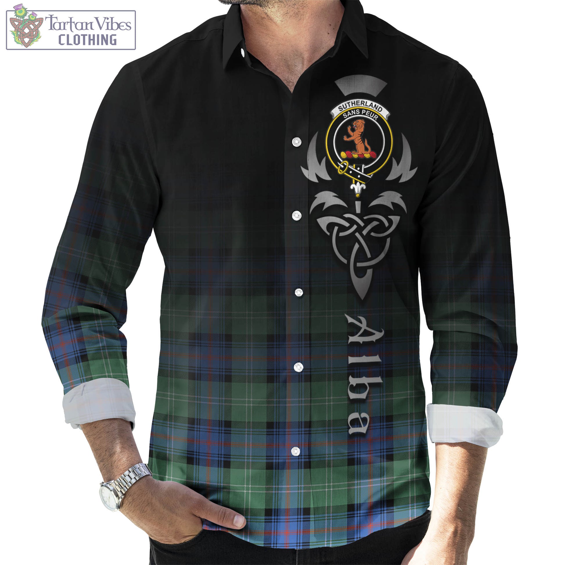 Tartan Vibes Clothing Sutherland Ancient Tartan Long Sleeve Button Up Featuring Alba Gu Brath Family Crest Celtic Inspired