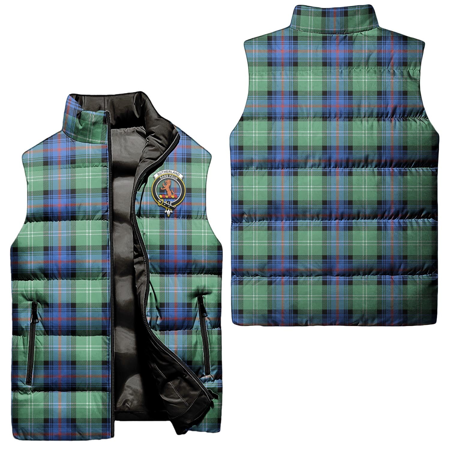 Sutherland Ancient Tartan Sleeveless Puffer Jacket with Family Crest Unisex - Tartanvibesclothing