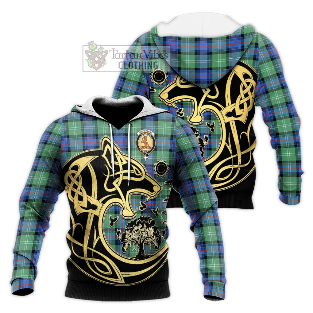 Sutherland Ancient Tartan Knitted Hoodie with Family Crest Celtic Wolf Style Unisex Knitted Pullover Hoodie - Tartan Vibes Clothing