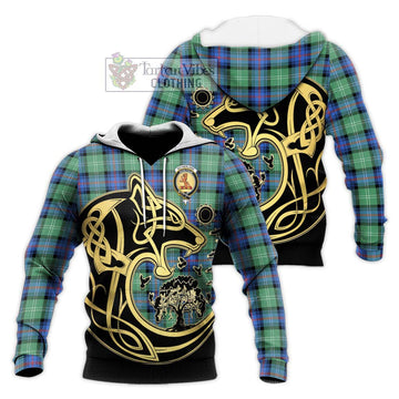 Sutherland Ancient Tartan Knitted Hoodie with Family Crest Celtic Wolf Style