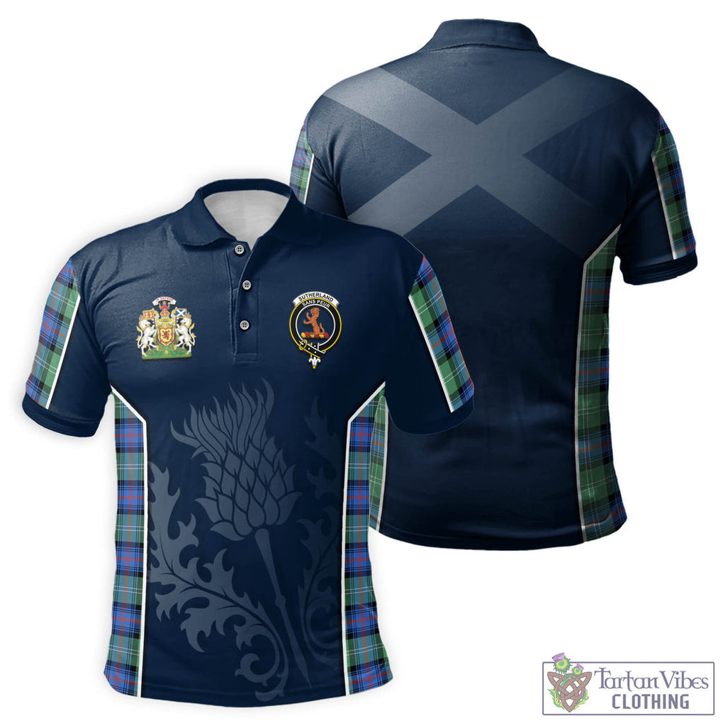 Tartan Vibes Clothing Sutherland Ancient Tartan Men's Polo Shirt with Family Crest and Scottish Thistle Vibes Sport Style