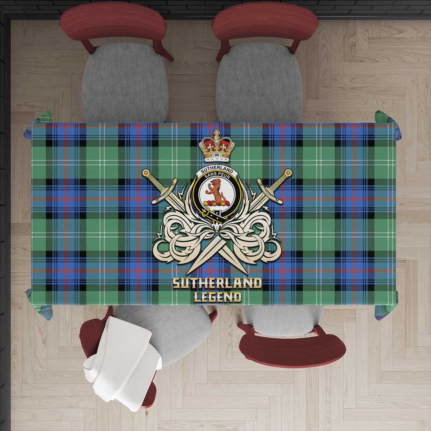 Tartan Vibes Clothing Sutherland Ancient Tartan Tablecloth with Clan Crest and the Golden Sword of Courageous Legacy